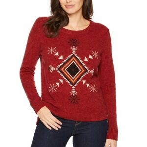 Woolrich Burgundy Red Cozy Wool Argyle Snowflake Pullover Sweater SZ Small Boho